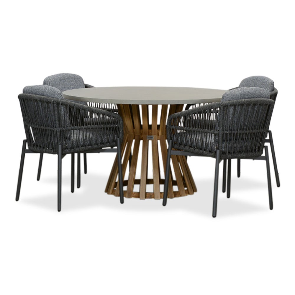 Elzas/Rico Charcoal Dining Tuinset - 4-persoons ronde dining tuinset met betonlook tafel