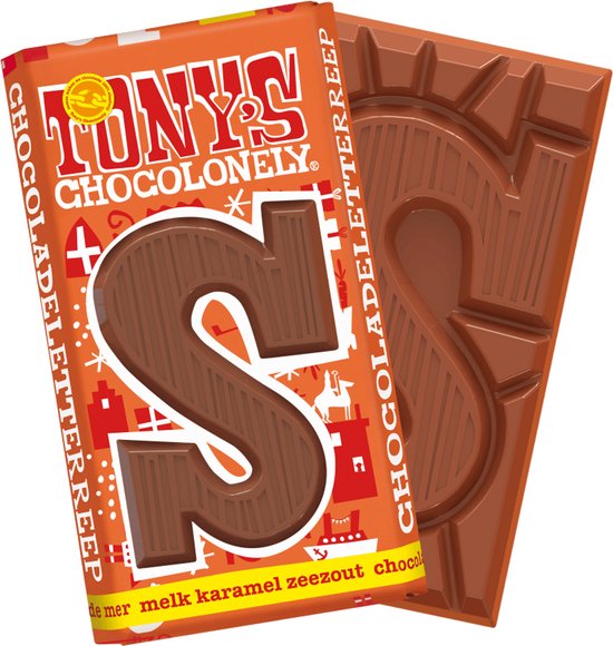 Tony's Chocolonely Chocoladeletter S Melk Karamel Zeezout 180 g - beste sinterklaascadeaus 2026
